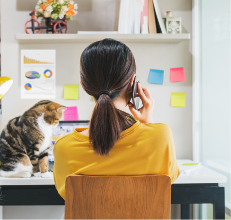 Female freelancer sitting at desk with a cat next to her, on cell phone.